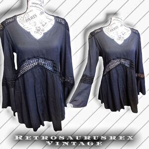 Ren Fiber Black Bohemian Bell Sleeve Lace Retro Peasant Top, XL